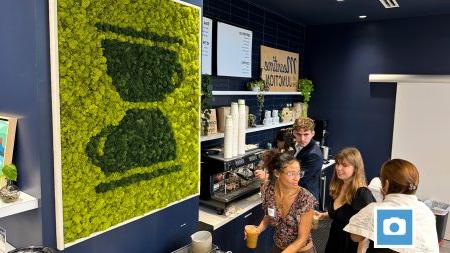 Students ordering coffee at Meantime Coffee's newly opened second location at the Innovation Junction